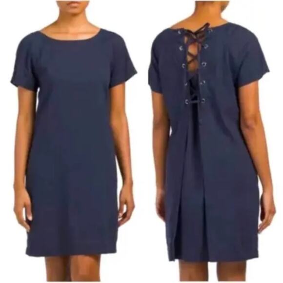 Theory Spring Navy Caliver Linen Blend Blue Lace Back Dress size 8 - Picture 1 of 9
